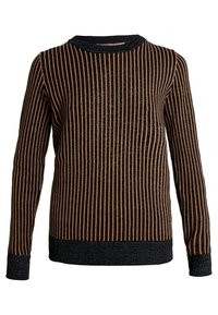 Pull noir avec des rayures verticales bronze. Le pull présente un col rond ainsi que des poignets et un ourlet côtelés avec une finition en tissu texturé.