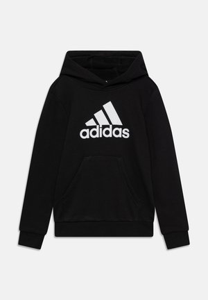 Felpa nera con cappuccio realizzata in tessuto morbido, caratterizzata da un grande logo adidas bianco sulla parte anteriore e una tasca a marsupio frontale.