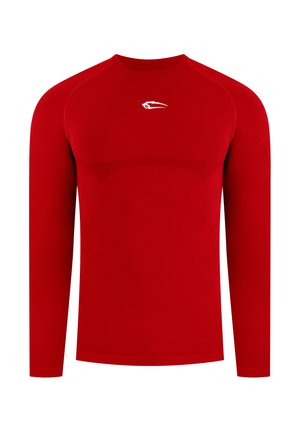Long-sleeve, fitted red athletic shirt with a small white logo centered on the chest, displayed on a plain white background.