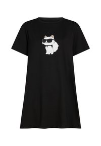 Μαύρο φόρεμα κοντομάνικο με εκτύπωση ενός λευκού καρτούν γάτας που φοράει pixelated γυαλιά ηλίου στο στήθος.