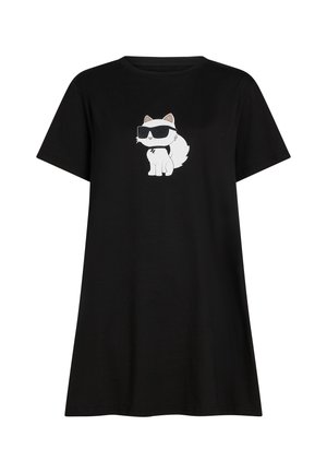 Sort kjole med korte ærmer og et hvidt tegneserie-mis, der bærer pixeliserede solbriller, trykt på brystet.