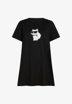 Sort kjole med korte ærmer og et hvidt tegneserie-mis, der bærer pixeliserede solbriller, trykt på brystet.