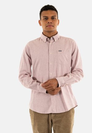 Lichtroze button-up shirt met een klein ruitpatroon, lange mouwen, een button-down kraag en een borstzak met een logo.