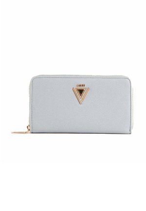 Portafoglio rettangolare grigio chiaro con zip, logo triangolare dorato e tirazip dorato su sfondo bianco.
