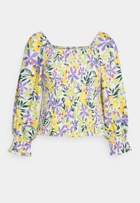 Blouse florale avec un décolleté carré, des manches bouffantes et une taille smockée. Présente un mélange de motifs jaunes, violets et verts sur un fond clair.