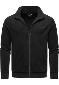 Black fleece zip-up jacket with a stand collar, front zipper, two side pockets, and a small logo on the chest. Smooth texture throughout.