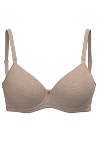 Beige bh med släta, sömlösa kupor och justerbara axelband. Har en liten knapp i mitten och en mjuk textur.