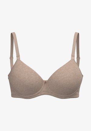 Beige bh met gladde, naadloze cups en verstelbare bandjes. Heeft een kleine knop in het midden en een zachte textuur.