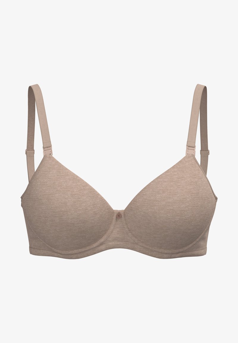 Beige bh met gladde, naadloze cups en verstelbare bandjes. Heeft een kleine knop in het midden en een zachte textuur.