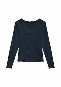 Marinblå långärmad topp med V-ringning, scallopkanter, framknappar och en figursydd design. Tillverkad av mjukt, stretchigt material.