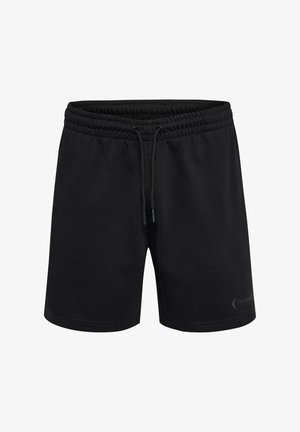 Black athletic shorts made of soft fabric, featuring an elastic waistband with drawstring, and a small logo on the lower right side.