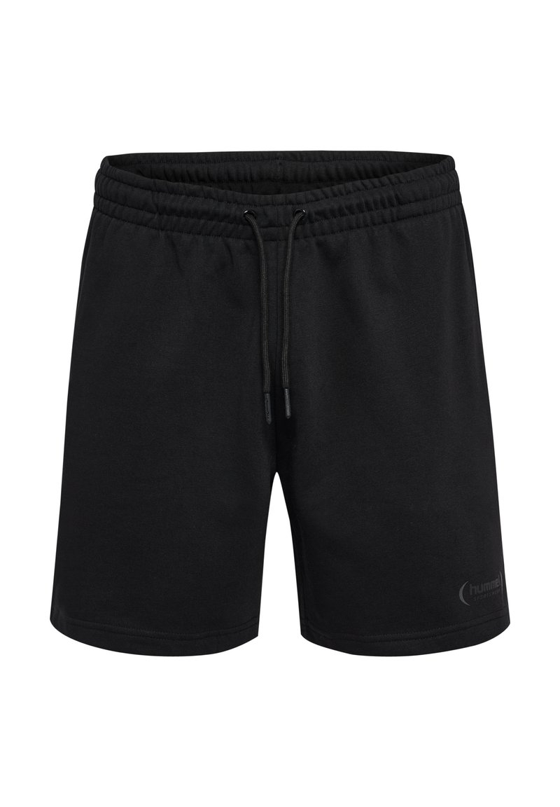 Zwarte sportshorts gemaakt van zacht materiaal, met een elastische tailleband en trekkoord, en een klein logo aan de onderzijde rechts.