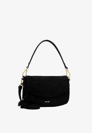 Schwarze Schultertasche mit kariertem Muster, goldenen Verschlüssen und "SURI FREY"-Logo, mit Pompon-Zubehör und verstellbarem Riemen.