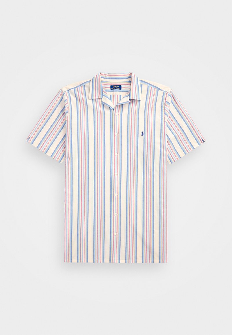 Short-sleeve shirt in light fabric featuring vertical stripes in pink, blue, and cream, with a button-down front and a small logo on the chest.