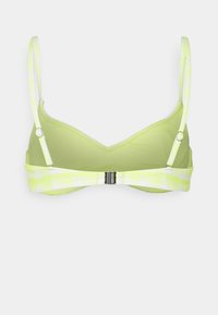 Top de biquíni verde com alças grossas, xadrez e em neon. Apresenta uma textura suave e alças ajustáveis, presas com um fecho preto nas costas.