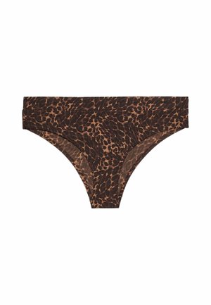 Brązowe i czarne figi bikini w panterkę z szerokim pasem na białym tle.
