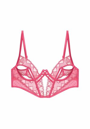 Bralette de encaje rosa con recortes en forma de corazón, tirantes ajustables, textura de puntos y bordes festoneados. Diseño ligero y transparente.