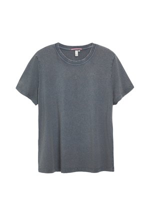 Schlichtes dunkelgraues Baumwoll-T-Shirt mit kurzen Ärmeln, Rundhalsausschnitt, kleinem Logo in der Mitte der Brust und sichtbaren Nähten an Kragen und Ärmeln.
