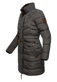 Gray padded coat with a high collar, zippered pockets, and brown accents. Features quilted design and elastic cuffs for warmth.