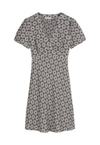 Kurzärmeliges Kleid in Dunkelbraun mit einem weißen Blumenmuster. Mit einem V-Ausschnitt und tailliertem Schnitt, der zu einem schwingenden Rock übergeht.