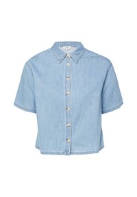 Chemise en denim bleu clair à manches courtes avec col pointu et sept boutons sur le devant.