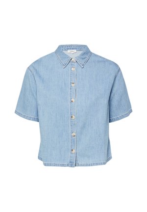 Light blue denim short-sleeve button-up shirt with a pointed collar and seven front buttons.