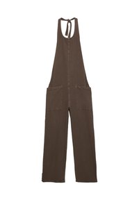 Jumpsuit marrone senza maniche con gambale largo, scollatura con fiocco e grandi tasche frontali.