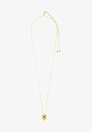 Collana d'oro con una catena sottile e un grande pendente a forma di cuore. Presenta due piccoli cuori decorativi vicino alla chiusura, con una finitura lucida.
