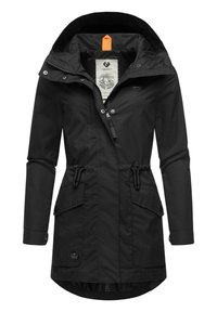 Black waterproof jacket with a hood, adjustable drawstrings at the waist, two front pockets, and an inner lining. Smooth texture.