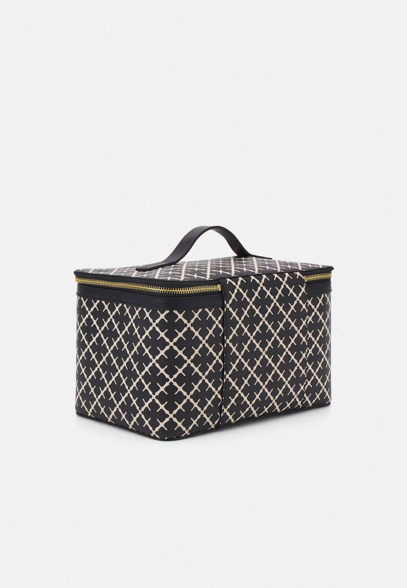 Black and cream patterned storage bag with a rectangular shape, top zipper, and an upper handle for easy carrying.