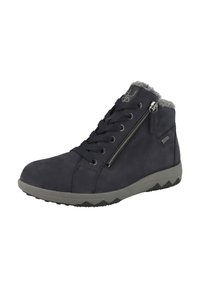 Baskets montantes en matériau synthétique bleu marine, avec une fermeture éclair latérale argentée, une doublure en fausse fourrure grise et une semelle en caoutchouc grise avec un motif en zigzag.