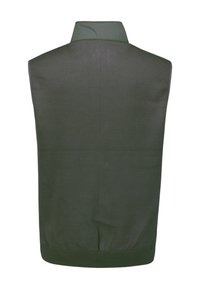 Olijfgroene mouwloze vest met een hoge kraag, geribde onderkant en gestructureerde stof, geschikt voor het dragen in koelere weersomstandigheden.