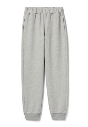 Grijze joggingsbroek met een elastische tailleband, zijzakken en geribbelde boorden. Gemaakt van zachte, mediumgewicht stof met een gladde textuur.