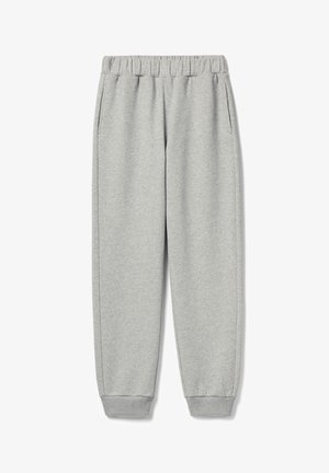 Grijze joggingsbroek met een elastische tailleband, zijzakken en geribbelde boorden. Gemaakt van zachte, mediumgewicht stof met een gladde textuur.