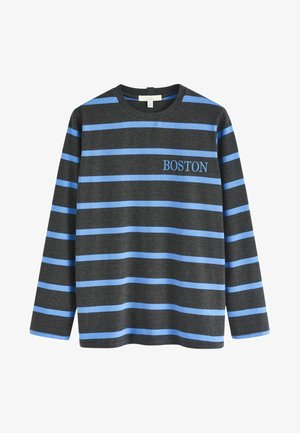 Graues Langarmshirt mit horizontalen blauen Streifen. Auf der Vorderseite ist "BOSTON" in Blau gestickt. Weicher Stoff, runder Ausschnitt.