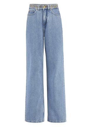Hellblaue, hoch taillierte, weit geschnittene Jeans aus Denim mit Knopf- und Reißverschluss, Gürtelschlaufen sowie Vorder- und Gesäßtaschen.