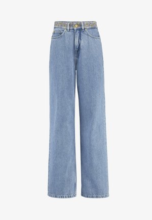 Lichtblauwe high-waist wijde denim jeans met knoop- en ritssluiting, riemlussen en voor- en achterzakken.