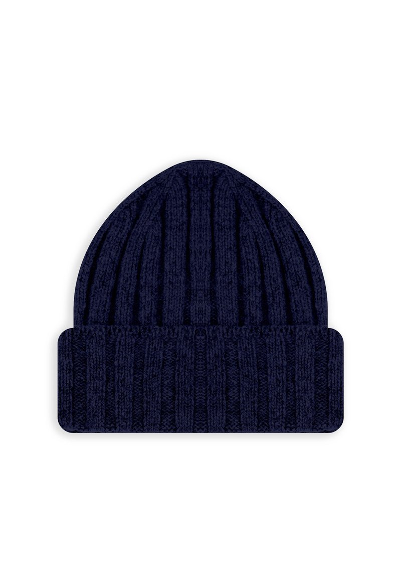 Gebreide marineblauwe muts met geribbelde textuur en een omgeslagen boord. Voorzien van een taps toelopende bovenkant en zacht materiaal, ideaal voor warmte en comfort.