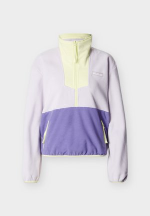Hellvioletter und lavendelfarbener Fleece-Pullover mit hohem Reißverschluss-Kragen und Reißverschlusstaschen, mit einem Columbia-Logo auf der Brust.
