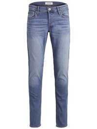 Blugi slim-fit de culoare albastră, confectionați din denim, având un aspect decolorat, cinci buzunare și o închidere cu fermoar și nasture.