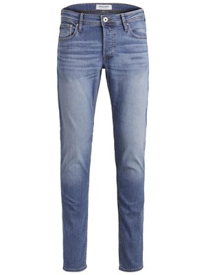 Slim-fit blue jeans made of denim, featuring a faded wash, five pockets, and a zip fly with button closure.