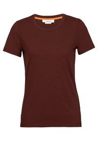 Hnědá bavlněná tričko s kulatým výstřihem, krátkými rukávy a oranžovým akcentem na výstřihu. Hladká textura, přiléhavý design a žádné vzory.