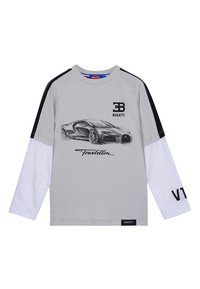 T-shirt grigio a maniche lunghe con illustrazione di un'auto nera, logo "Bugatti", maniche bianche e dettagli neri con testo "VT" su una manica.