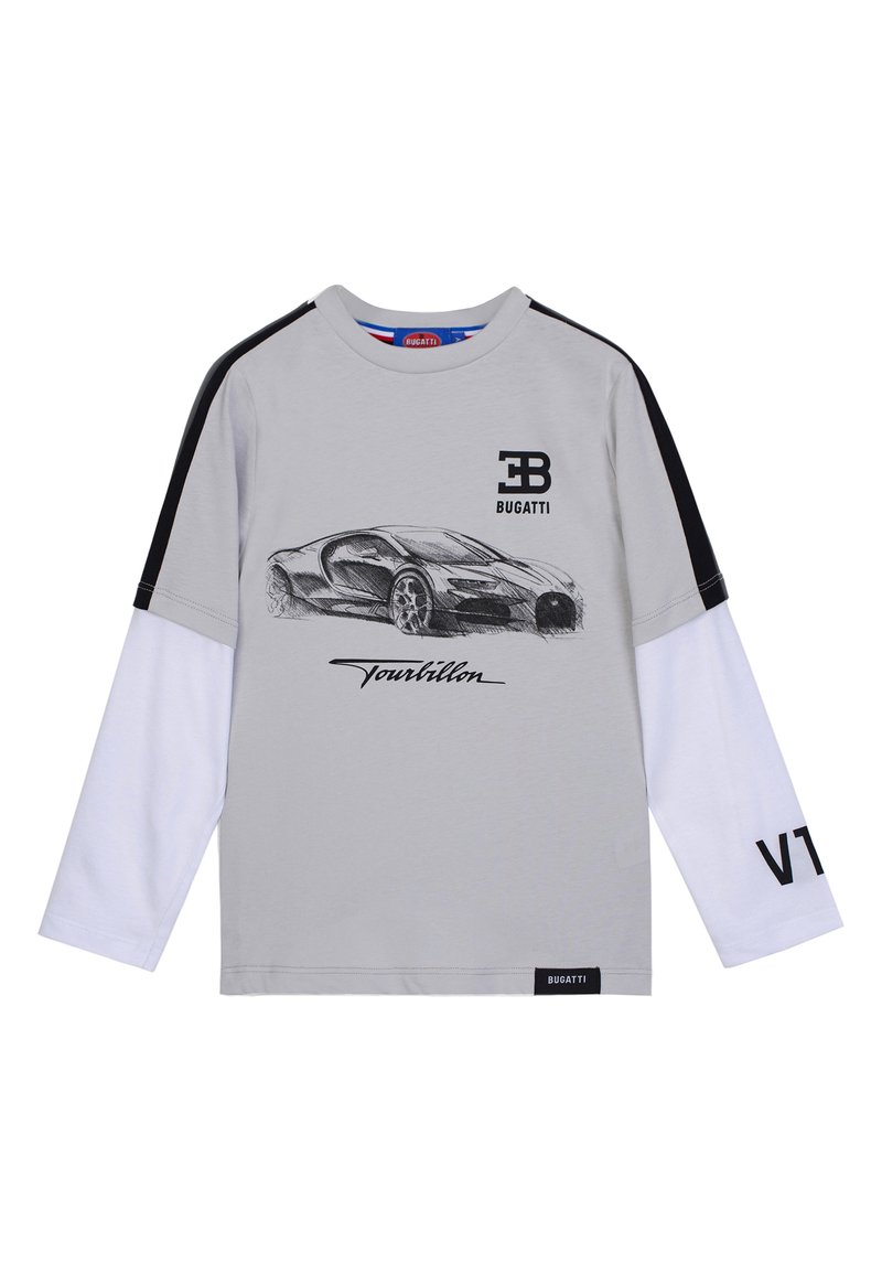 T-shirt grigio a maniche lunghe con illustrazione di un'auto nera, logo "Bugatti", maniche bianche e dettagli neri con testo "VT" su una manica.