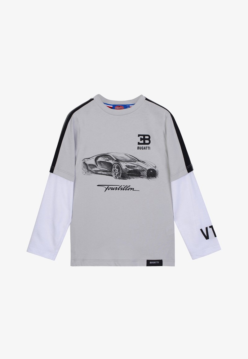 Graues Langarm-T-Shirt mit einer Illustration eines schwarzen Autos, "Bugatti"-Logo, weißen Ärmeln und schwarzen Akzenten mit "VT"-Text auf einem Ärmel.