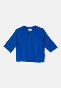 Kortärmad blå stickad cardigan med krage, knappslutning framtill och en kort design. Slät textur med en enfärgad yta.