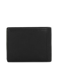 Portafoglio in pelle nera con superficie testurizzata, forma rettangolare e minimo dettaglio di cucitura sui bordi. Senza hardware o accenti visibili.