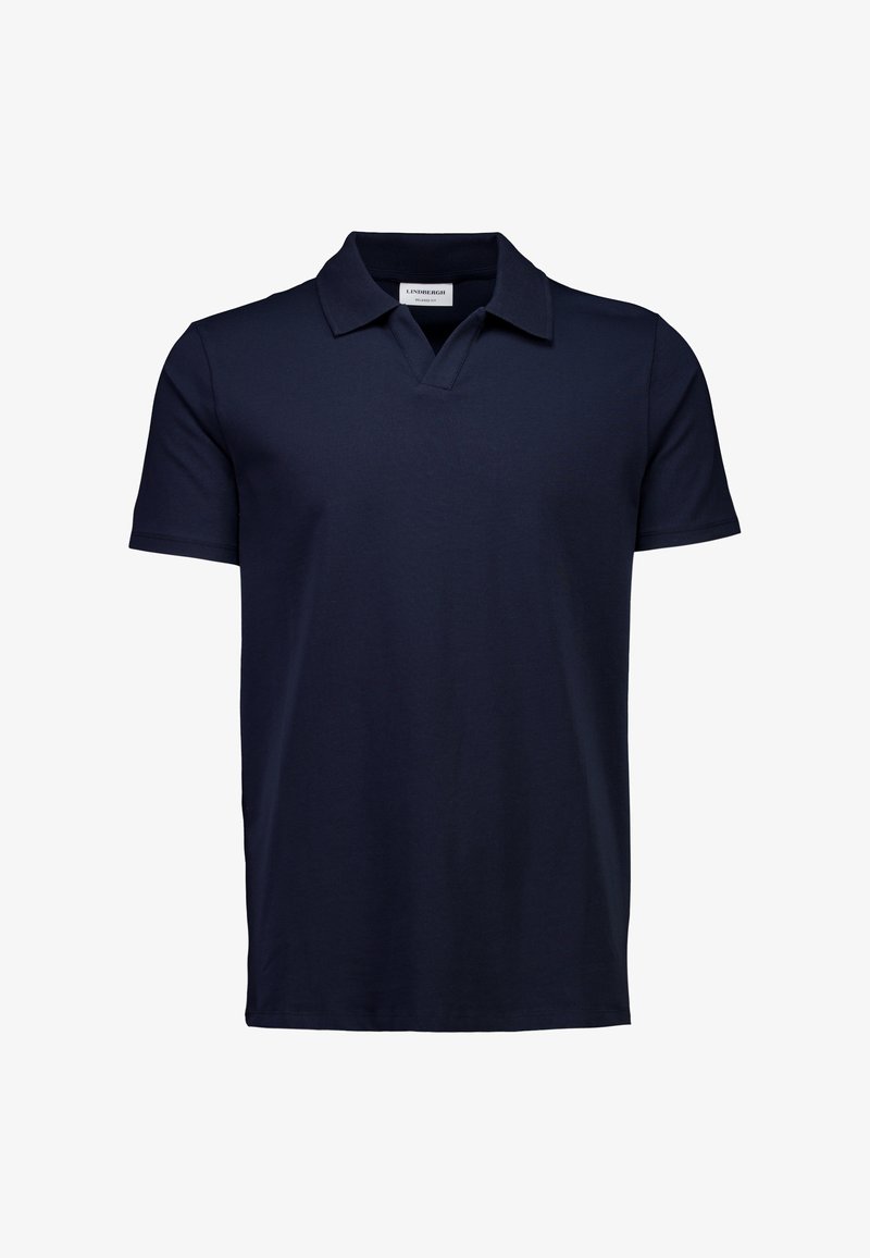 Marineblauw poloshirt met korte mouwen, een klassieke kraag en een V-hals ontwerp. Gemaakt van gladde stof zonder zichtbare patronen of accenten.