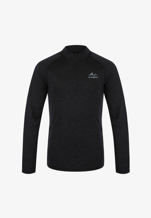 Schwarzer, langärmeliger Pullover mit einem Viertelreißverschluss, gefertigt aus strukturiertem Stoff. Besitzt Raglanärmel und ein kleines Logo auf der linken Brust.