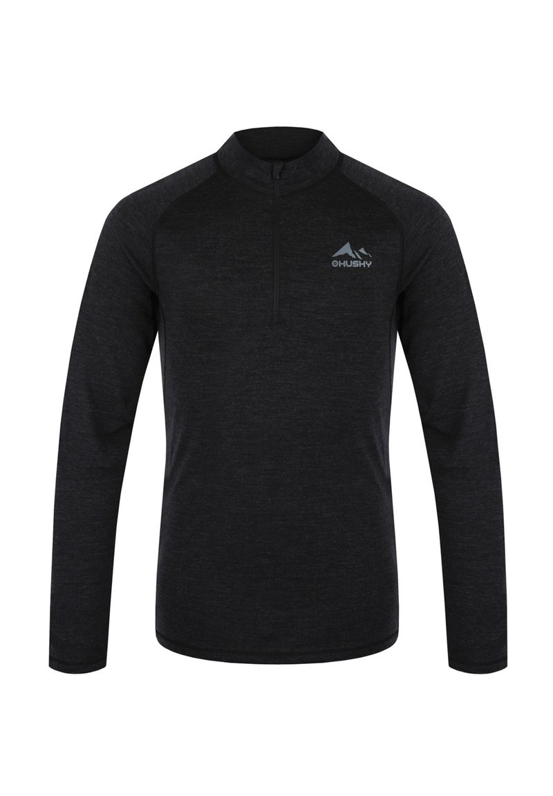 Černý pulovr s dlouhým rukávem a čtvrtzipem, vyrobený z texturované látky. Obsahuje raglánové rukávy a malé logo na levé části hrudi.